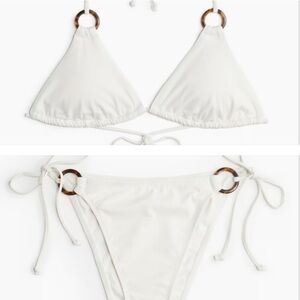 BNWT H&M White Triangle Top Tie String Bikini Set w/ Brown Hoops- Size Medium